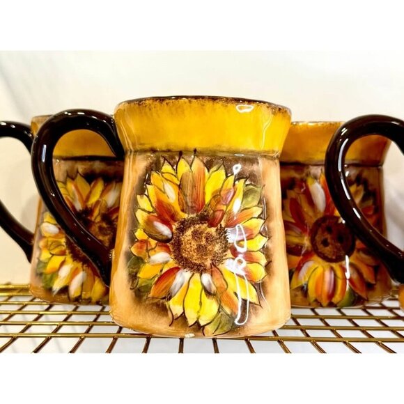 Set of 6 Vintage Clay Art Sunflower Ceramic Mugs HandPainted, Rustic Style - Picture 5 of 10